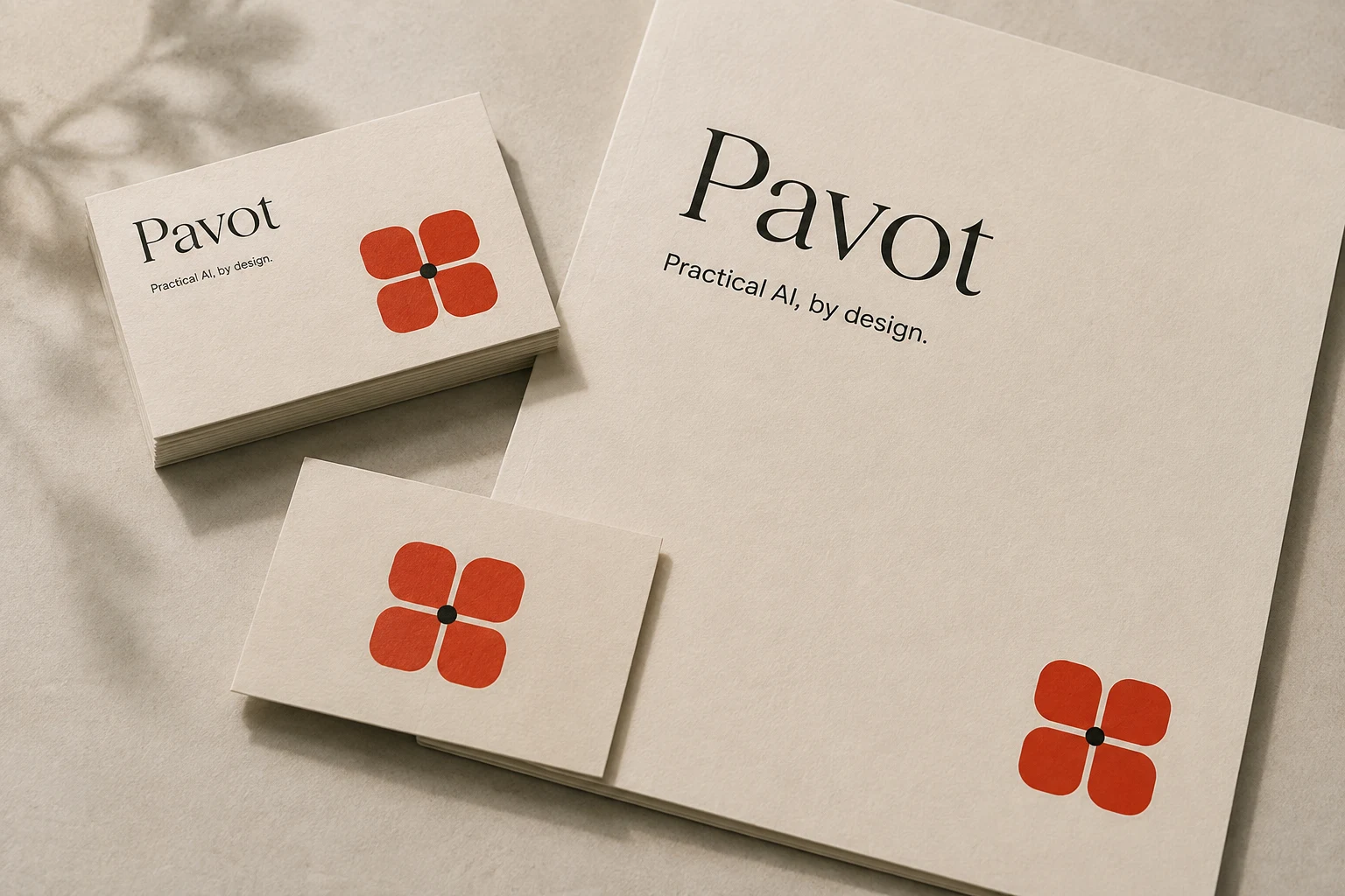 Pavot proposal folder and business cards on warm paper, with a red bloom and editorial wordmark