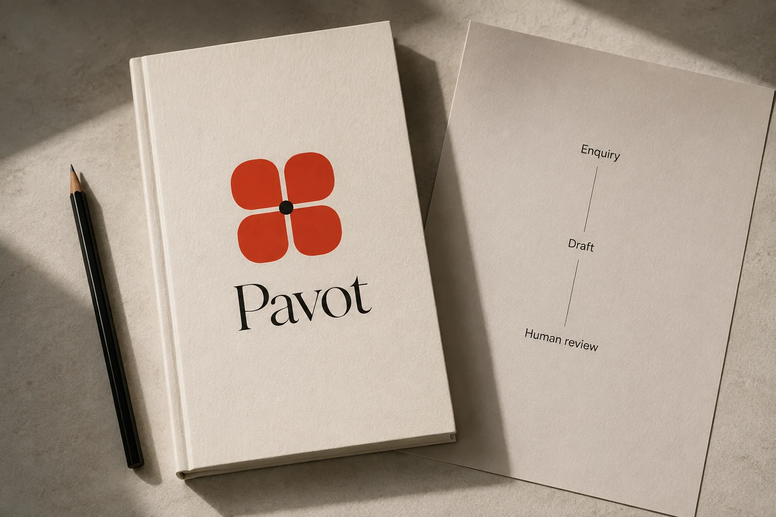 A Pavot notebook, pencil, and printed enquiry-to-draft-to-human-review workflow in a naturally lit still life
